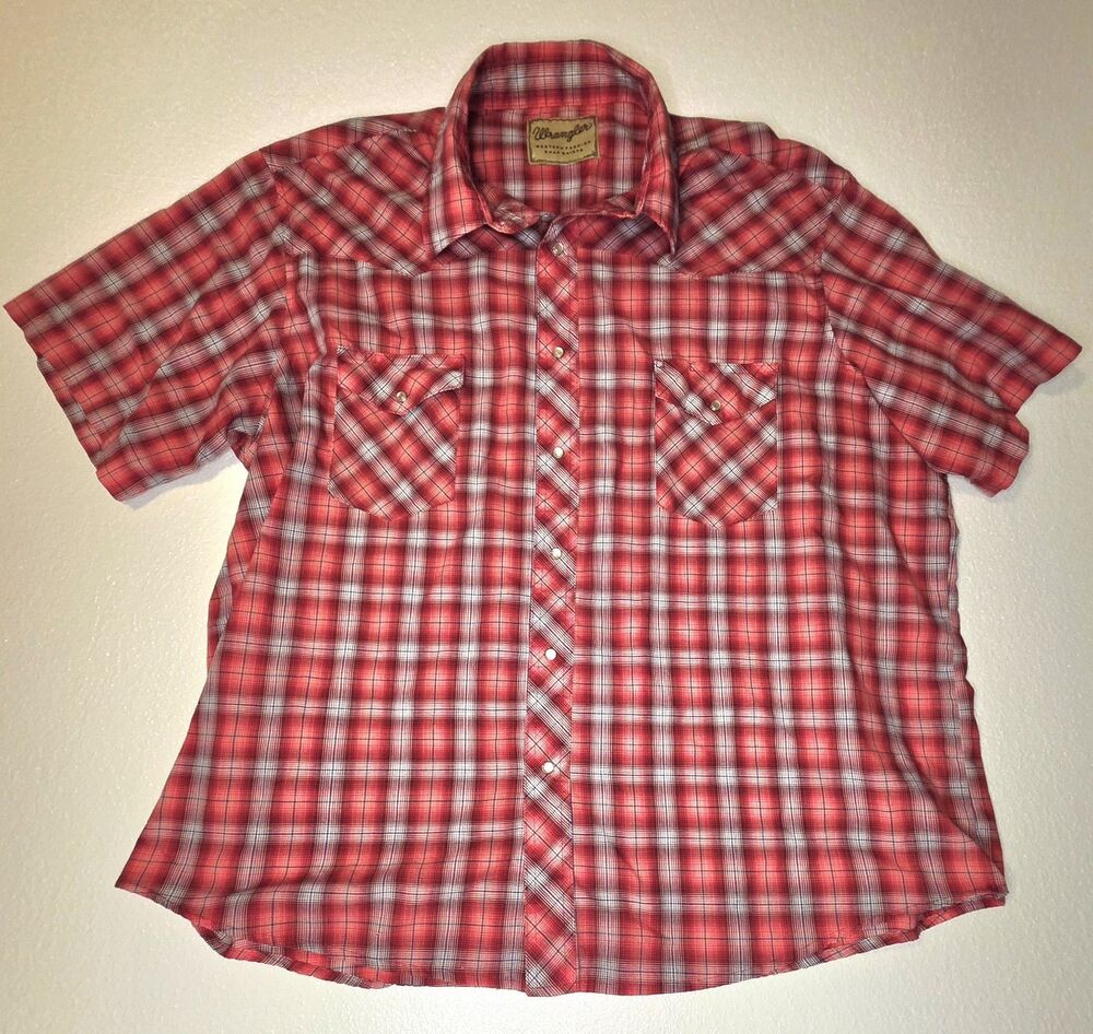 Wrangler Wrancher Mens XXL Western Shirt Red Short Sleeve Pearl Snap Cowboy